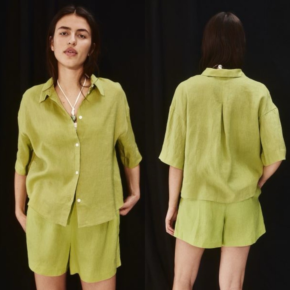 H&M | 100% Linen Set in Lime Green Shorts & Boxy Top Small